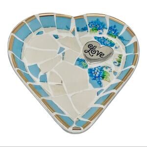Ceramic Mosaic Love Trinket Dish Floral Heart Blue & White